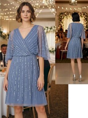 Adrianna Papell Blue Surplice-Neck Beaded Short Dress Size 4 Brand New with Tags